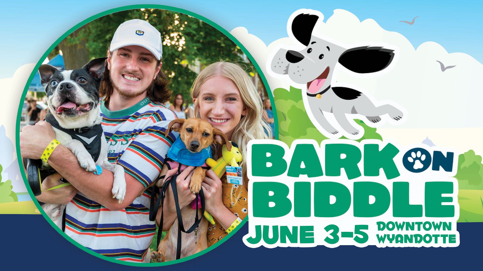 Bark on Biddle June 3 - 5, Downtown Wyandotte; smiling woman and man holding their dogs
