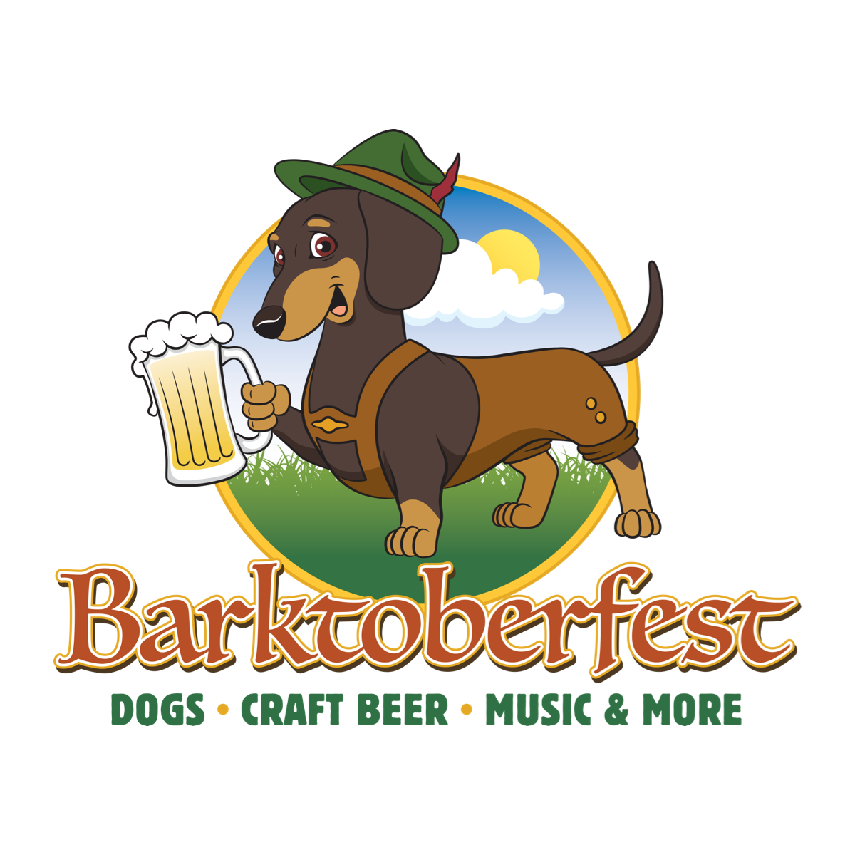 Barktoberfest logo with an illustration of a wiener dog holding a pint of beer