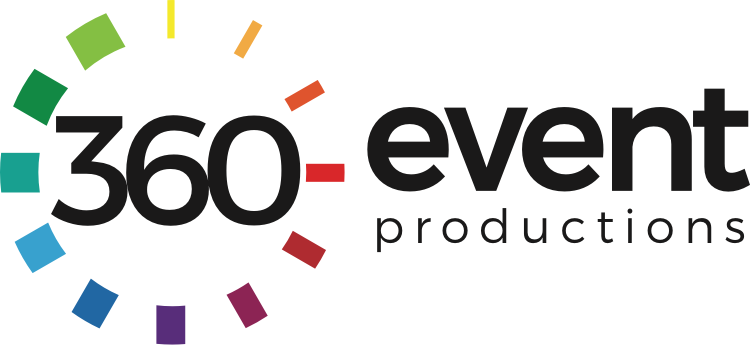360 Event Productions logo with rainbow colored brandmark and black wordmark