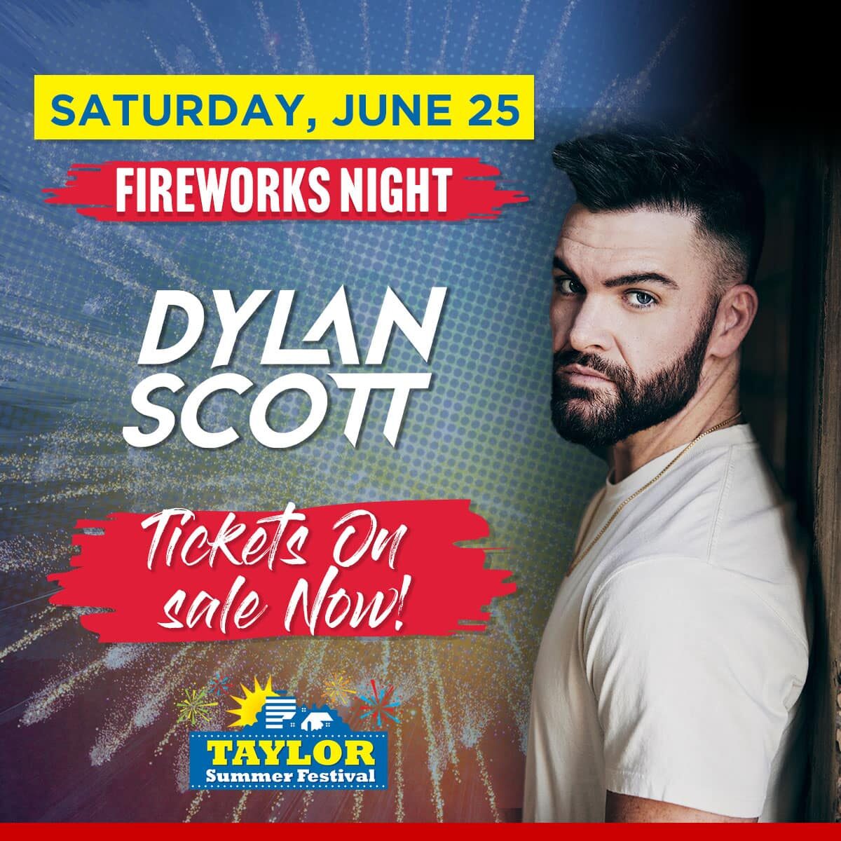Flyer for Saturday, June 25 fireworks night featuring Dylan Scott, tickets on sale now!