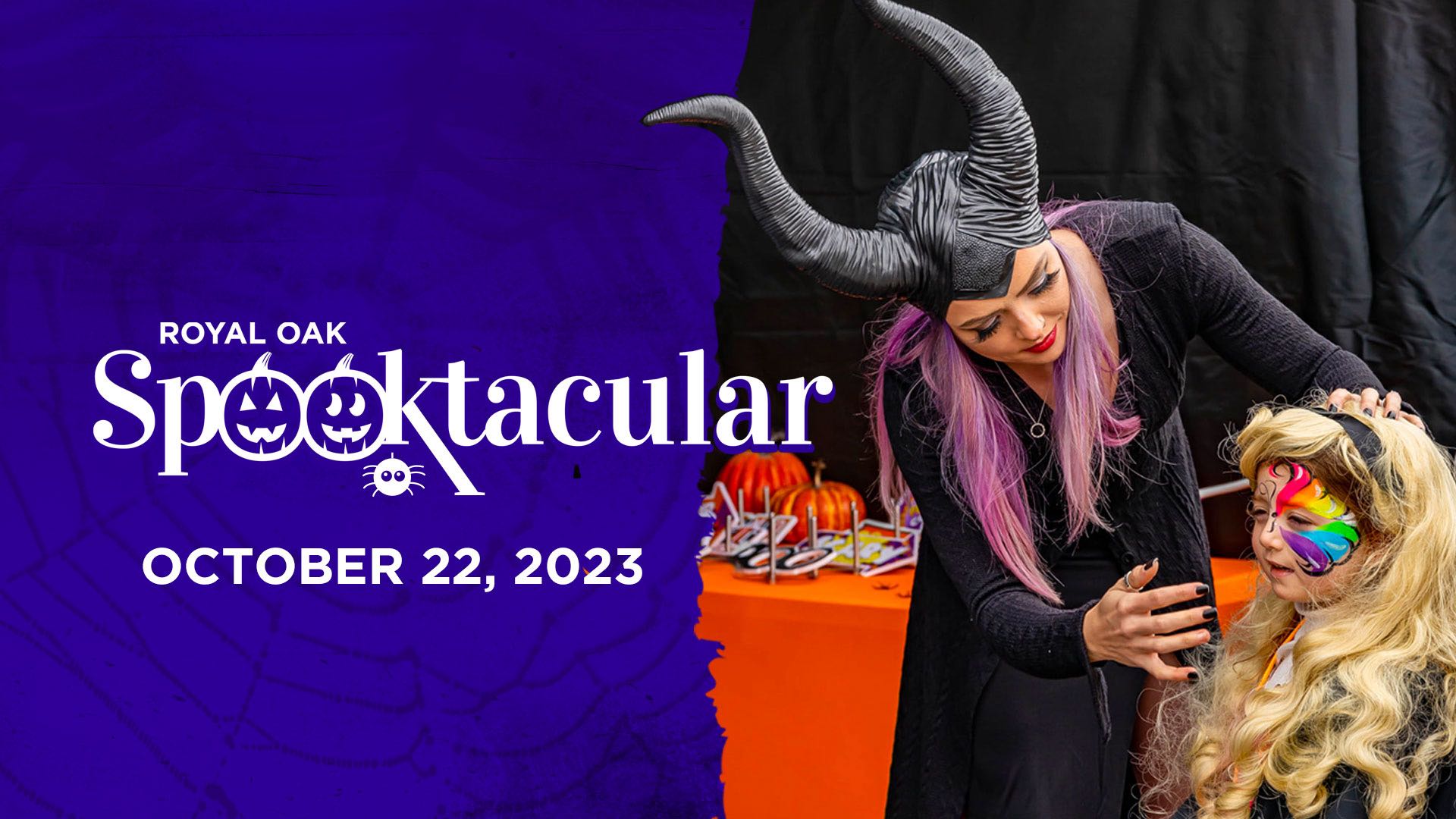 Royal Oak Spooktacular, October 22, 2023. Event logo overlaying image of adult in costume painting face of child