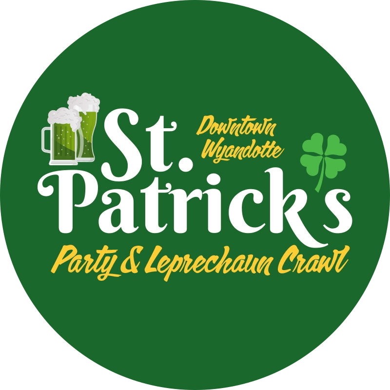 St Patrick's Party & Leprechaun Crawl logo with green beer mugs and four leaf clover illustrations