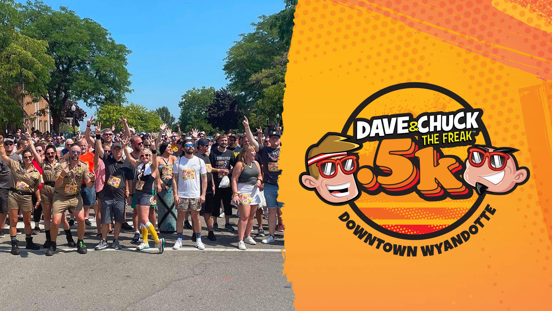 Dave & Chuck the Freak .5K in Downtown Wyandotte logo overlaying image of runners waiting at starting line