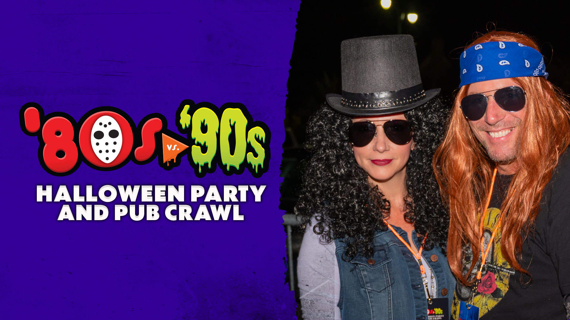 '80s vs. '90s Halloween Party & Pub Crawl in Downtown Wyandotte; with image of two party goers in rocker costumers