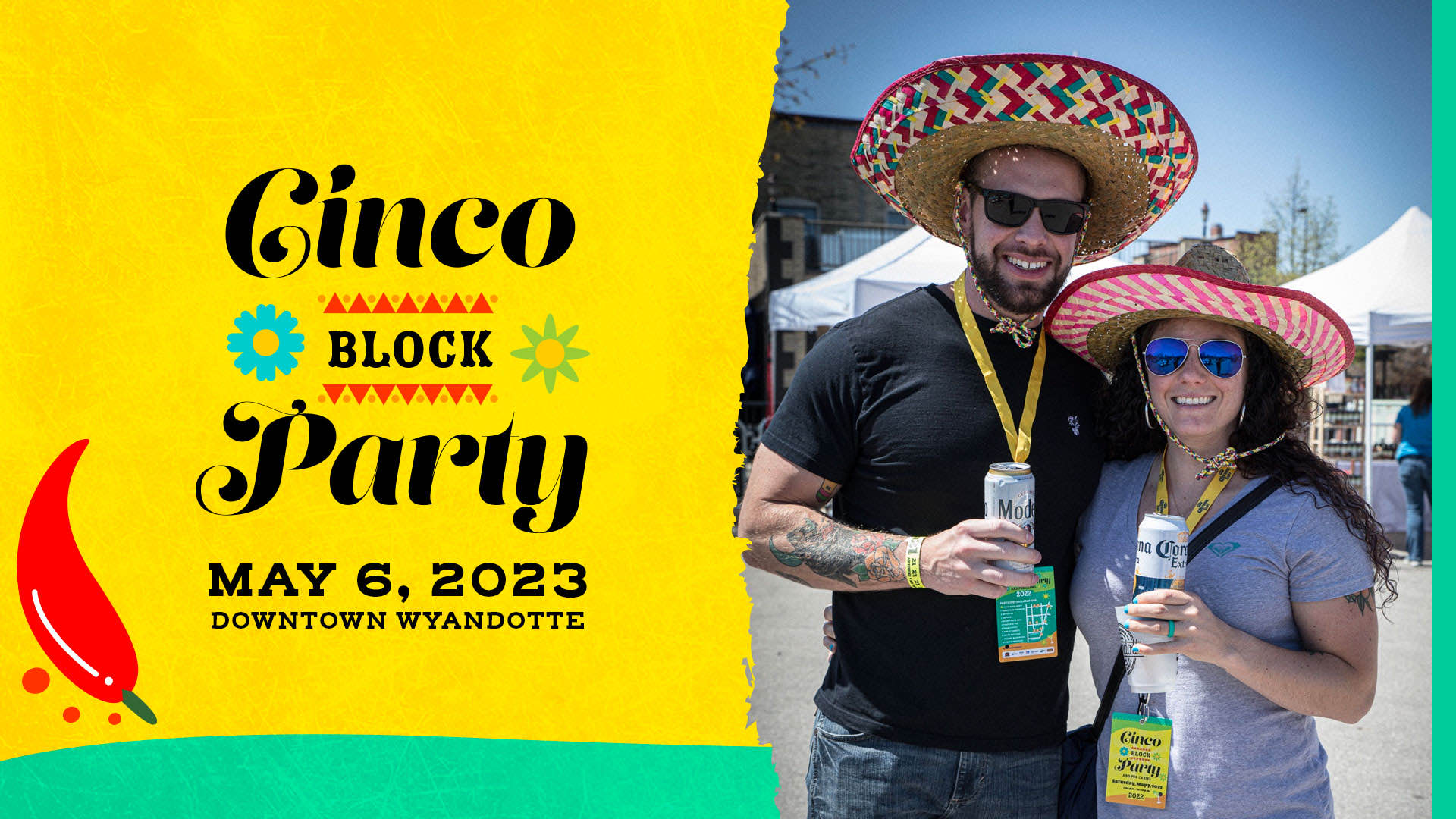 Cinco Block Party May 6, 2023 Downtown Wyandotte with image of couple wearing sombreros and holding beer