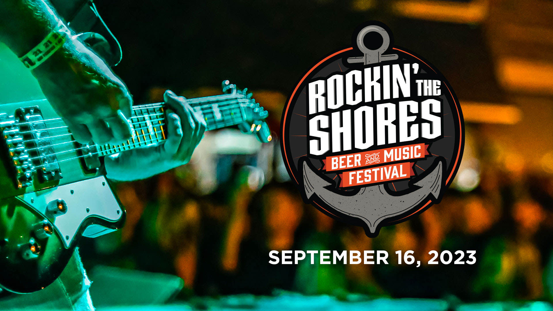 Rockin' the Shores Beer and Music Festival logo overlaying image of guitarist on stage in front of crowd; September 16, 2023