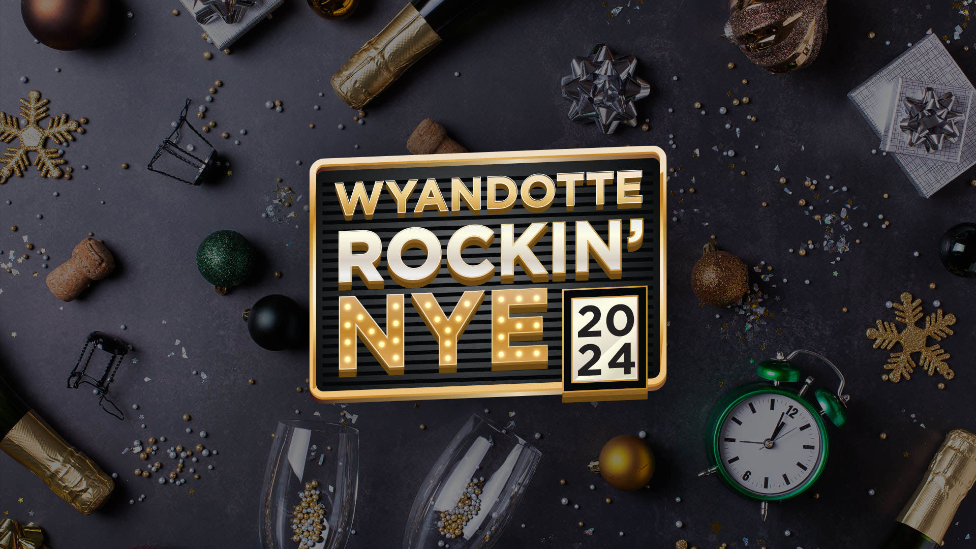 Wyandotte Rockin' NYE 2024 event logo overlaying new years eve party favors