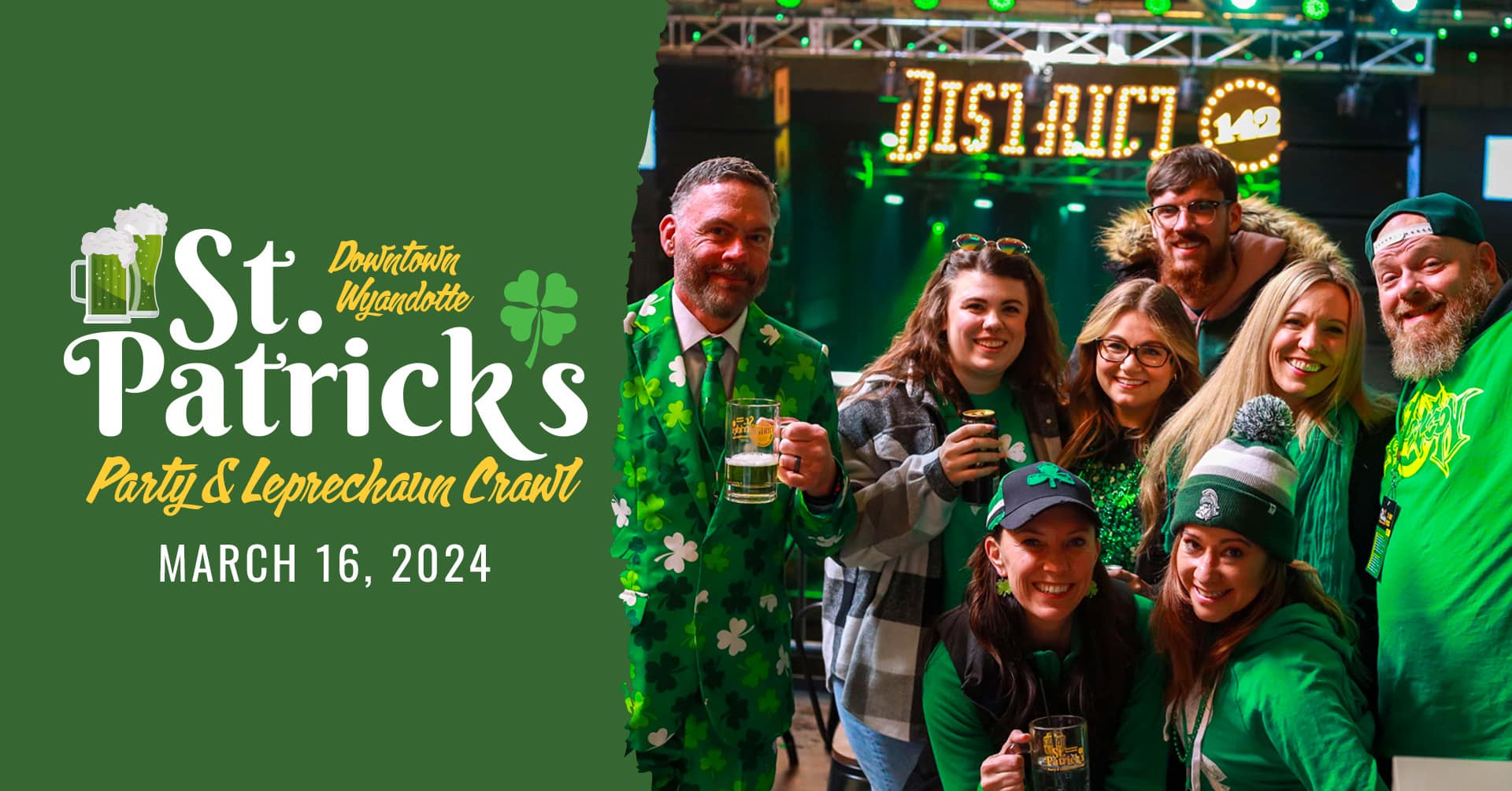 St. Patrick's Party & Leprechaun Crawl; March 16, 2024; Downtown Wyandotte; image of party goers in green