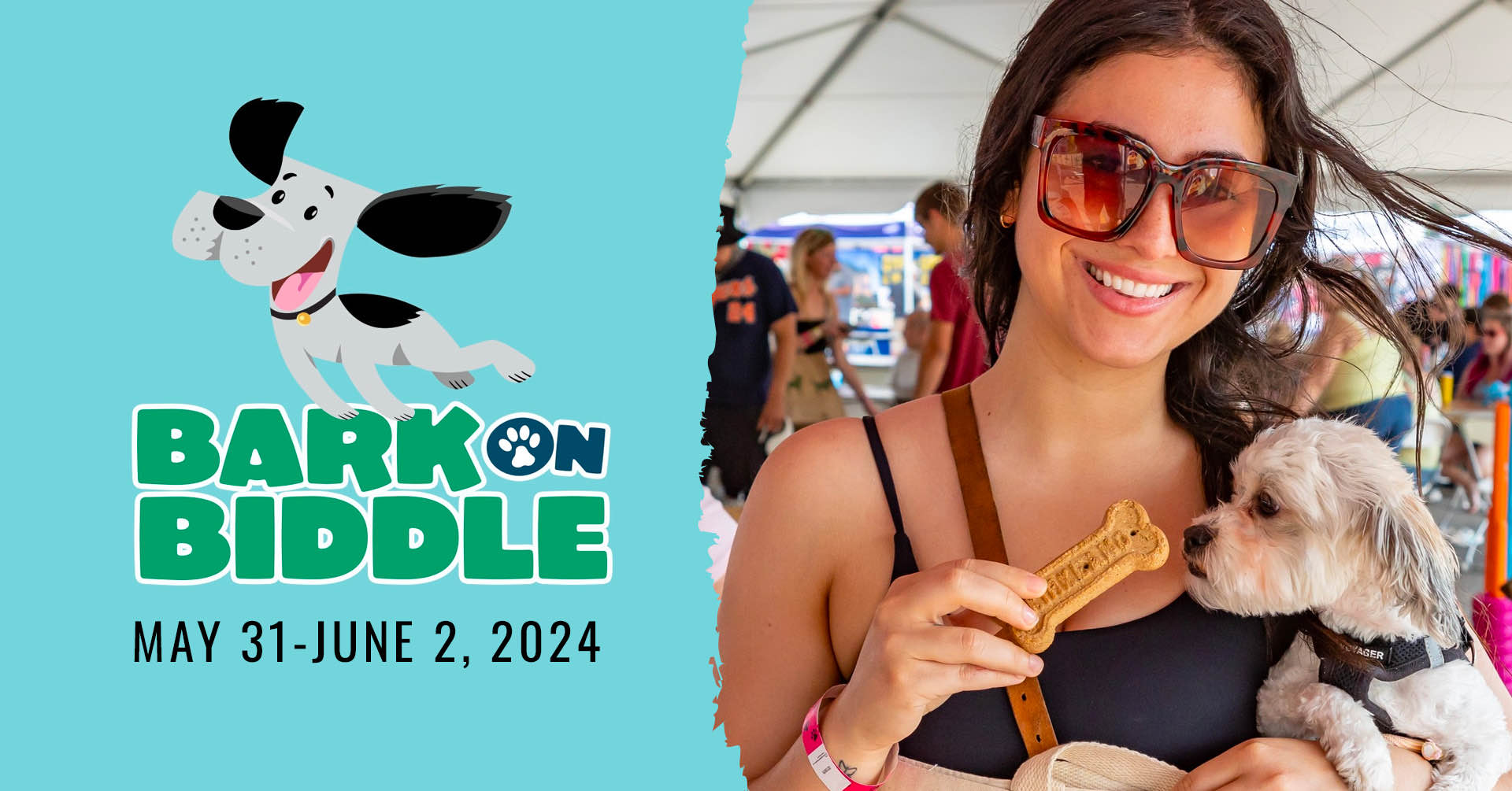 Bark on Biddle; May 31 - June 2, 2024; image of brunette with large sunglasses holding a small white dog and a dog biscuit
