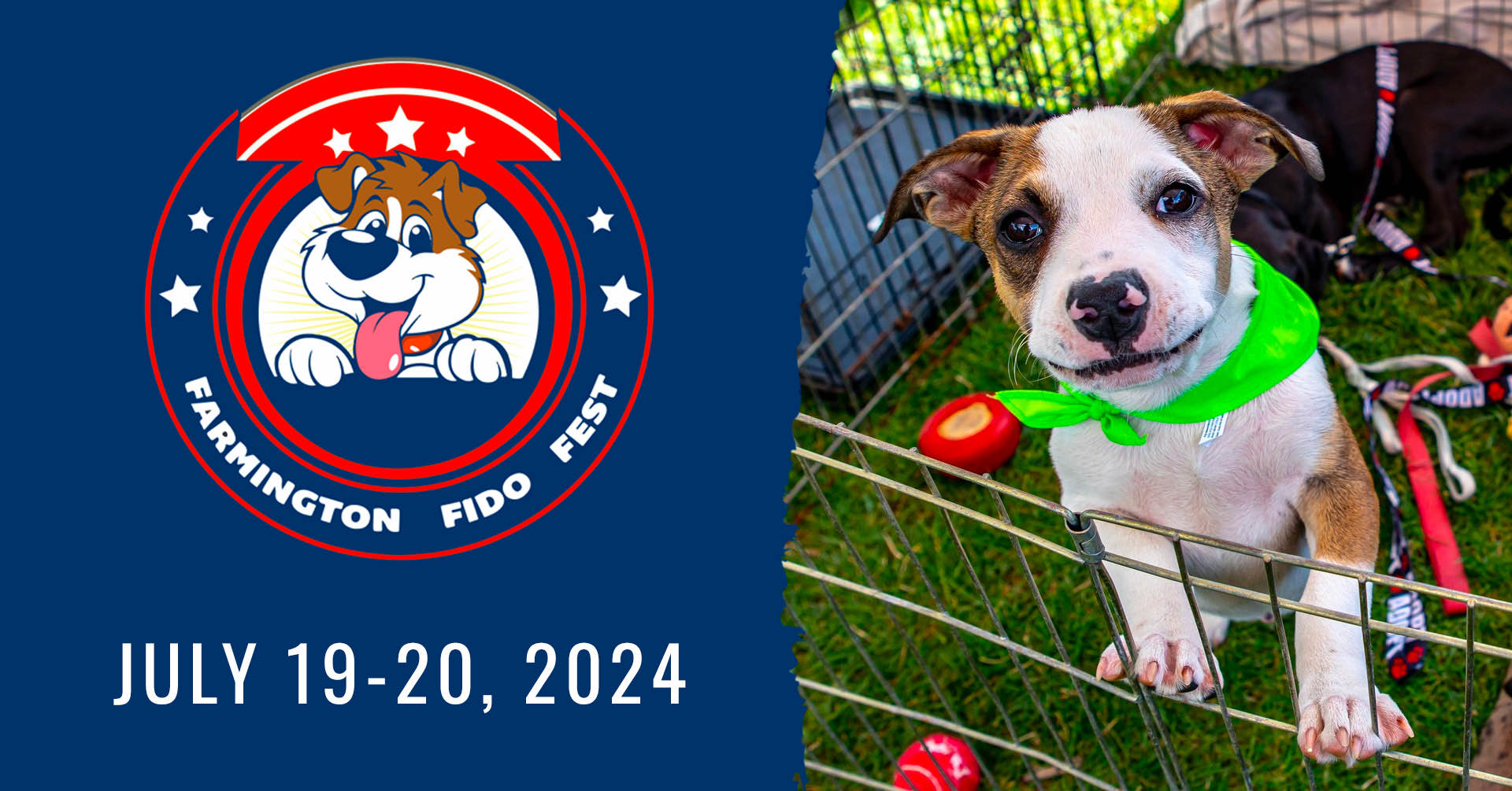 Farmington Fido Fest; July 19 - 20, 2024; image of adorable brown and white puppy with a neon green bandana