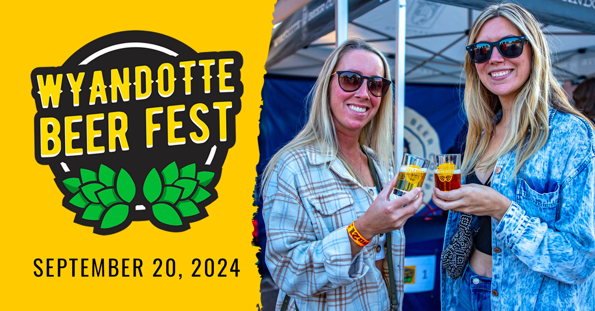 Wyandotte Beer Fest; September 20, 2024; two woman with long blonde hair clinking beer glasses