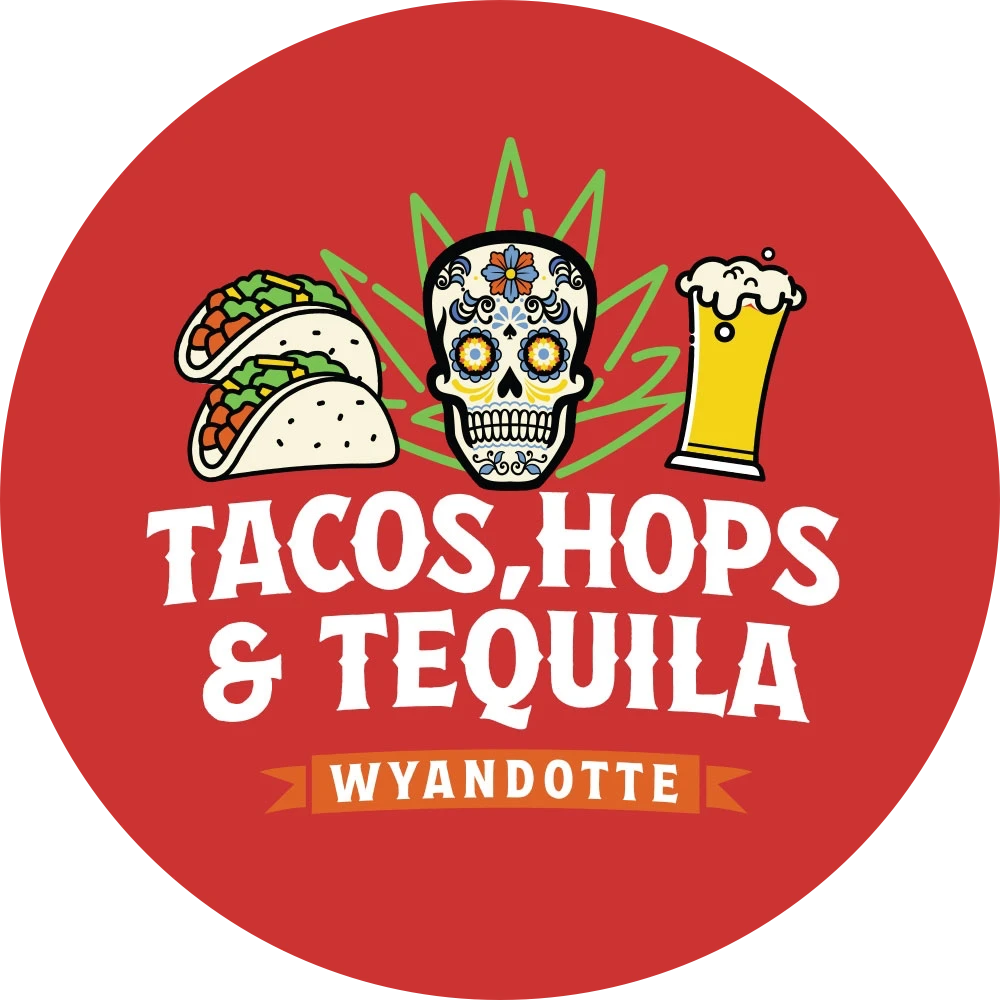 Tacos, Hops, & Tequila Wyandotte logo with taco, beer, and day of the dead skull graphics