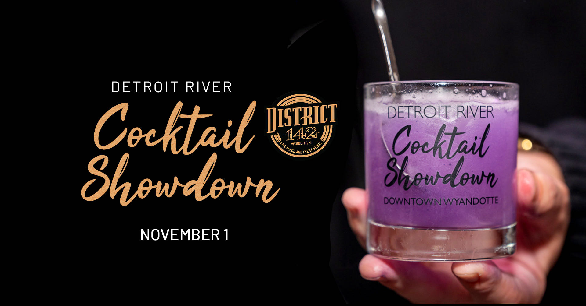 Detroit River Cocktail Showdown; November 1; hand holding cocktail glass with purple liquid