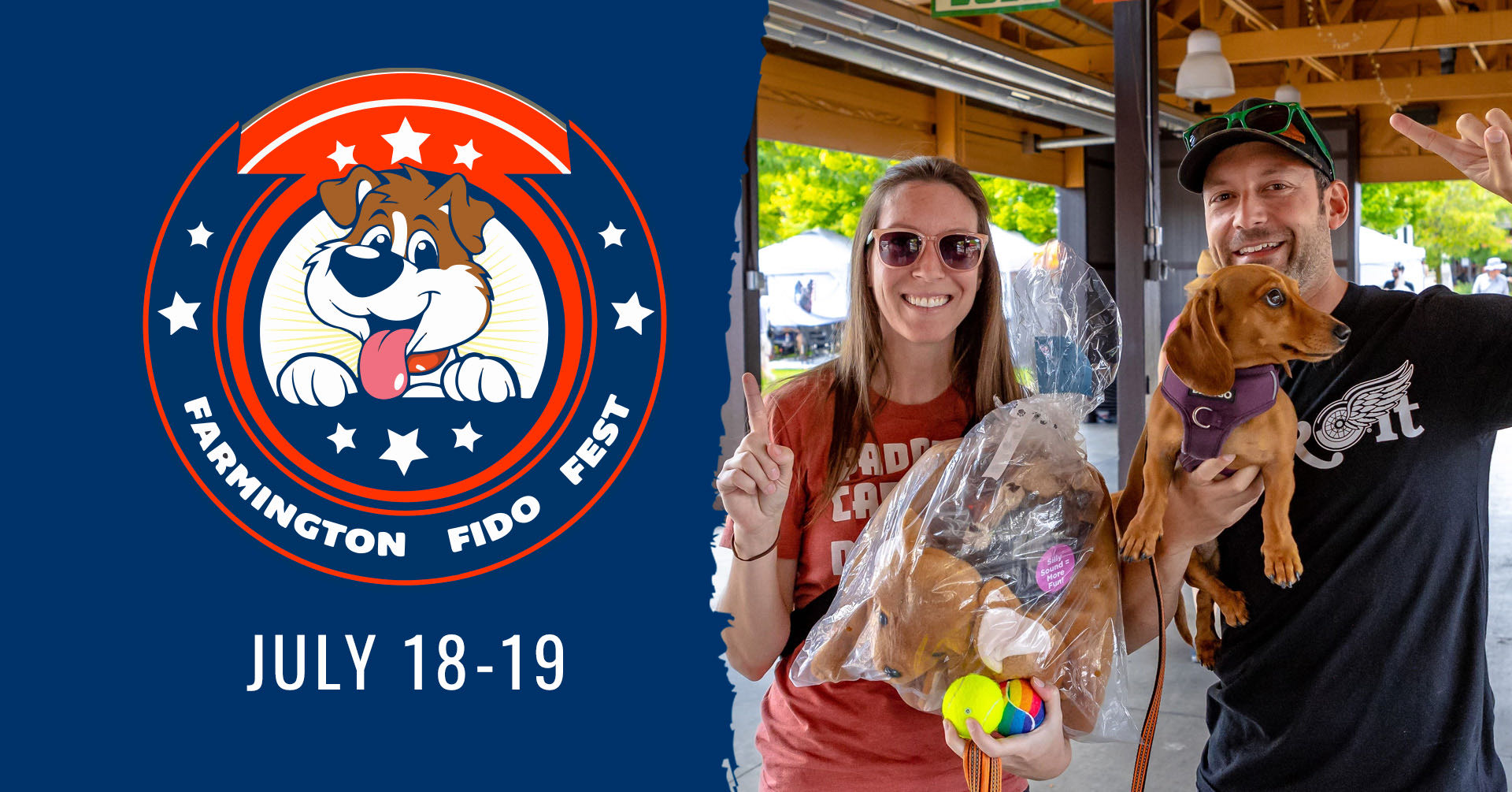 Farmington Fido Fest; July 18 - 19; man and woman holding 1 finger in the air with prize basket and dog