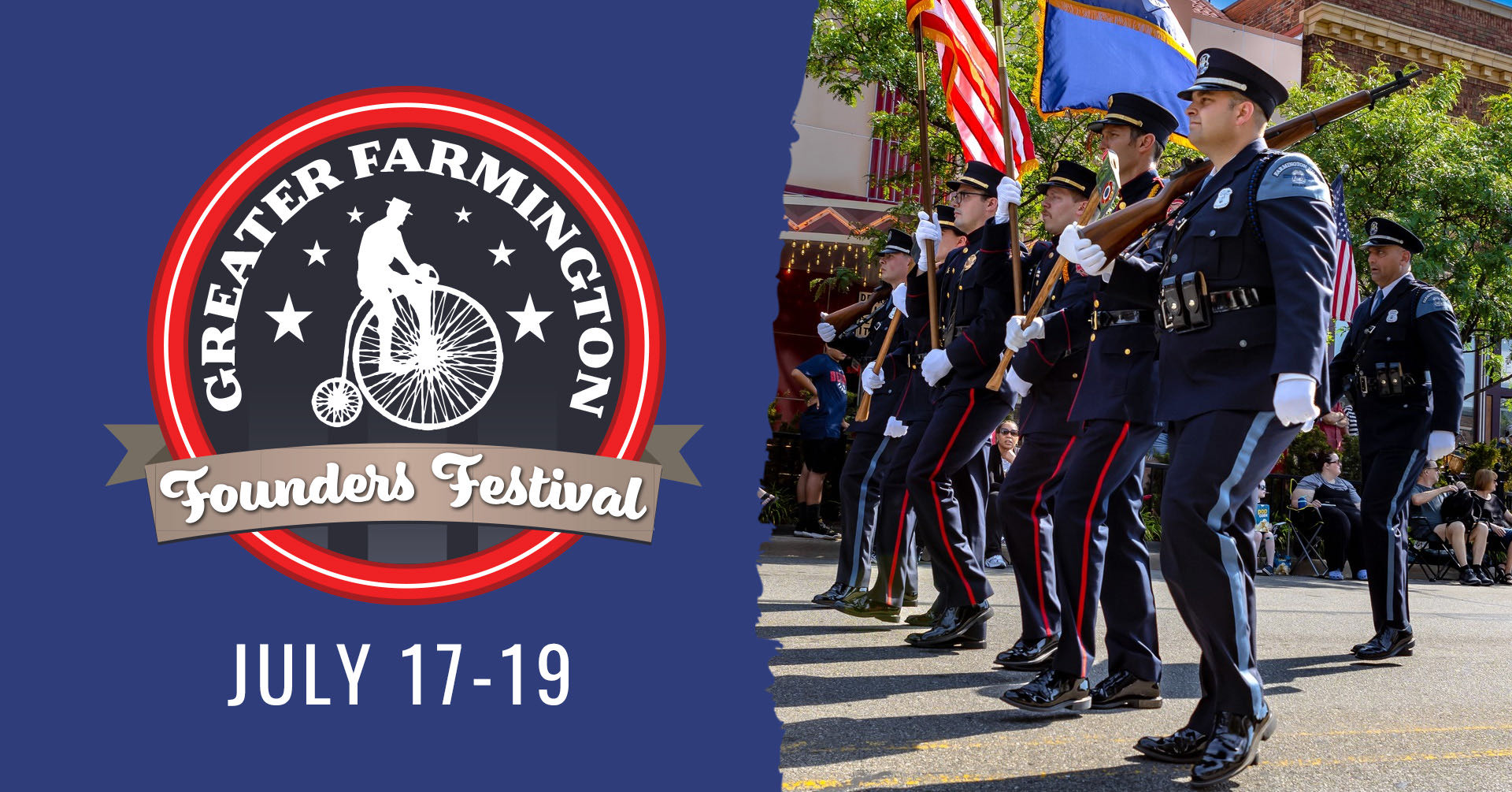 Greater Farmington Founders Festival; July 17 - 19; police in full uniform during parade holding flags