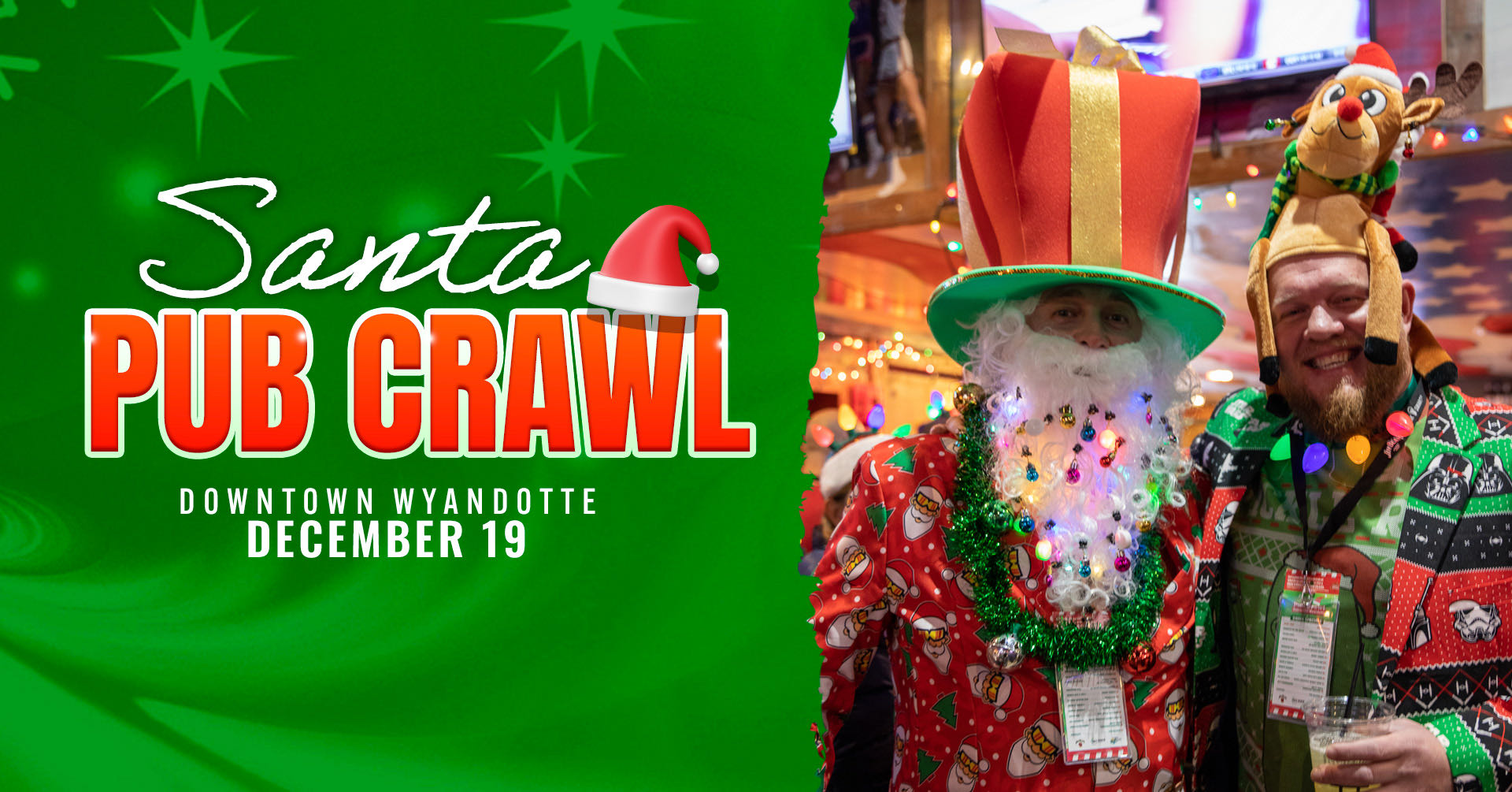 Santa Pub Crawl; Downtown Wyandotte December 19; two men dressed in goofy and fun holiday gear