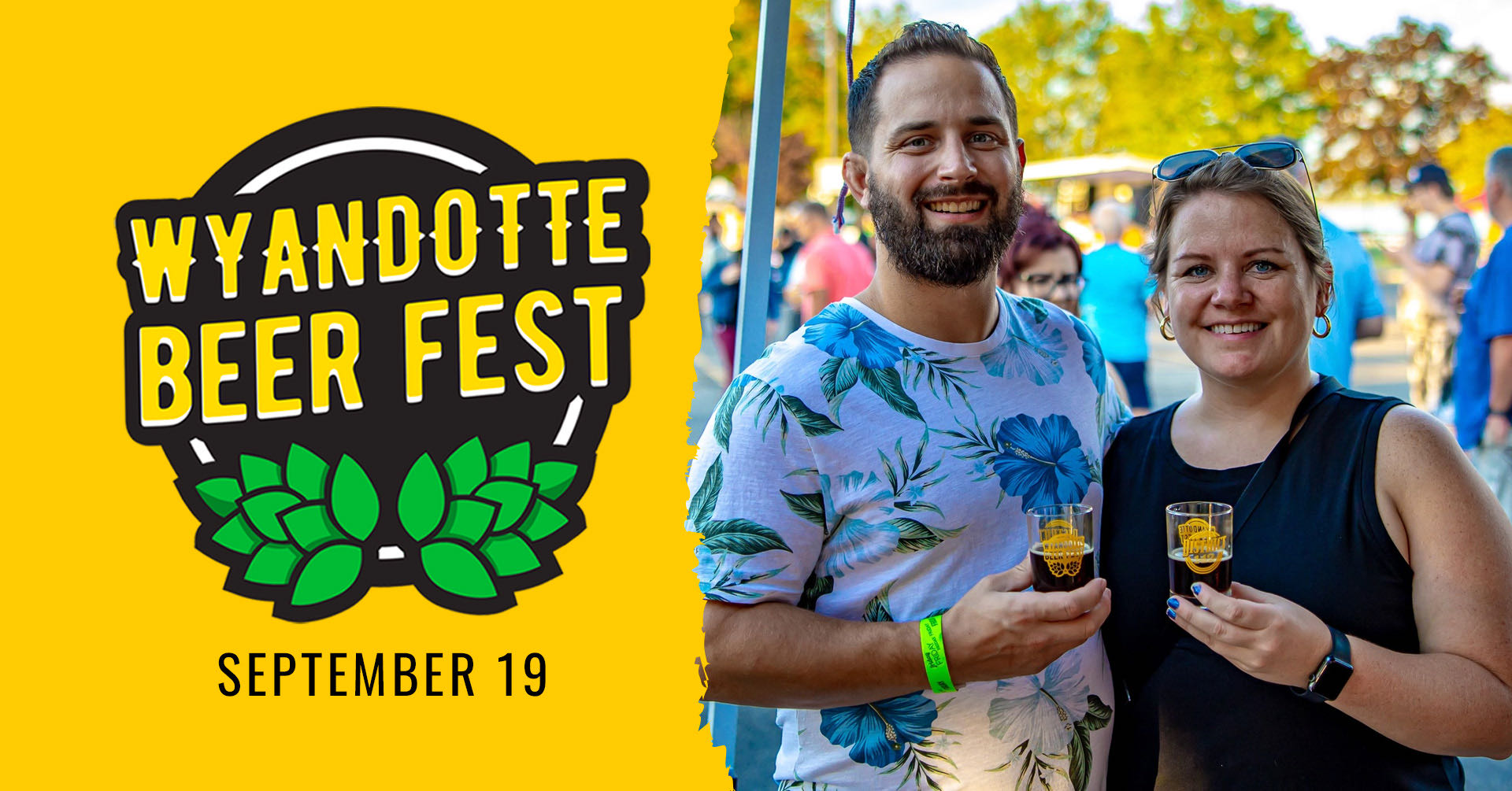 Wyandotte Beer Fest; September 19; couple posing with their event tasting glasses