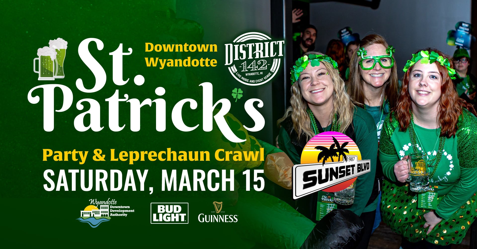 St. Patricks Party & Leprechaun Crawl; Saturday, March 15; 3 ladies dressed in all green smiling with their event beer steins