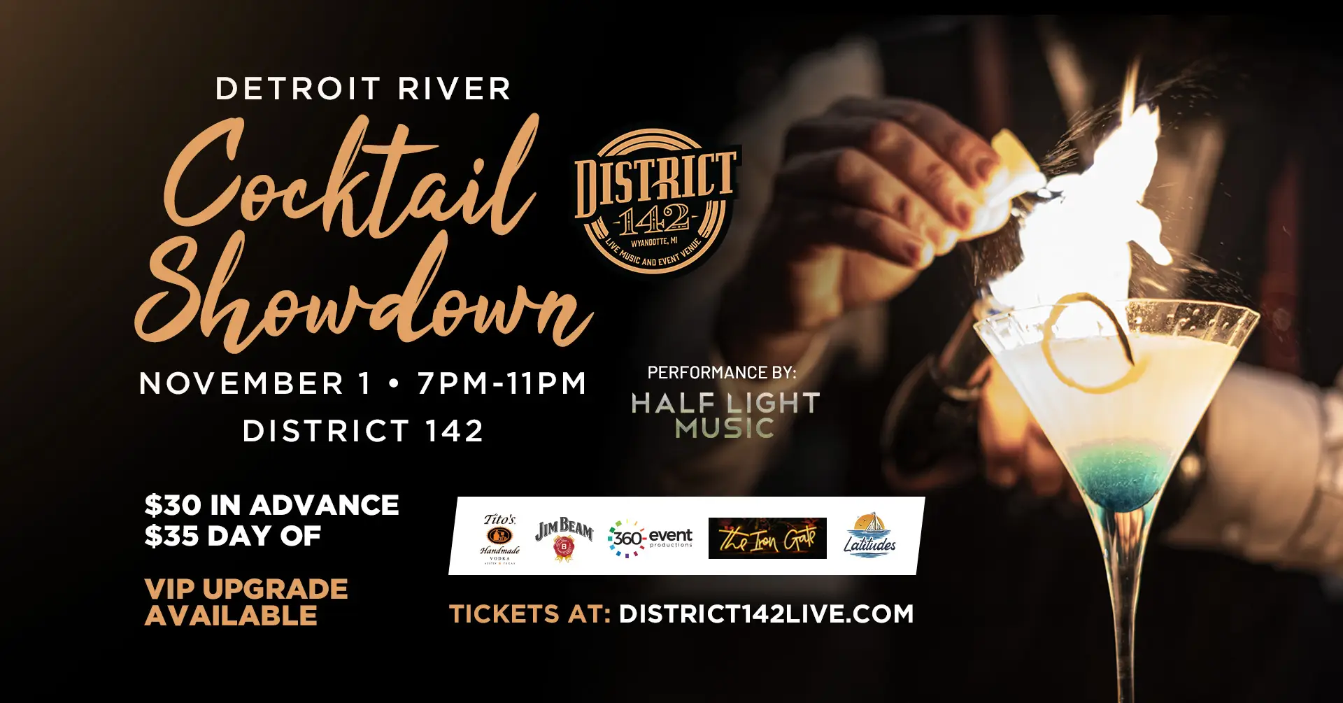 Detroit River Cocktail Showdown; November 1; hand with match lighting martini glass on fire