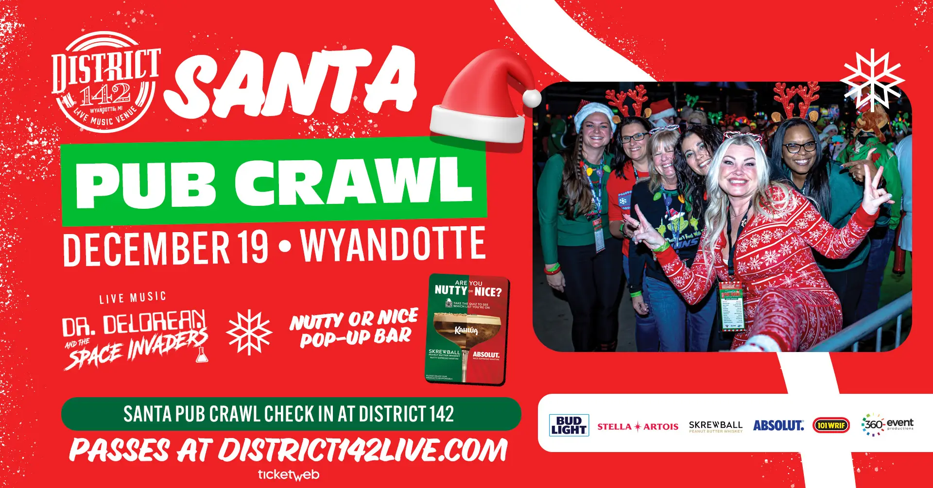 Santa Pub Crawl; December 19, 2025; image of group of pub crawlers wearing holiday outfits and Christmas lights