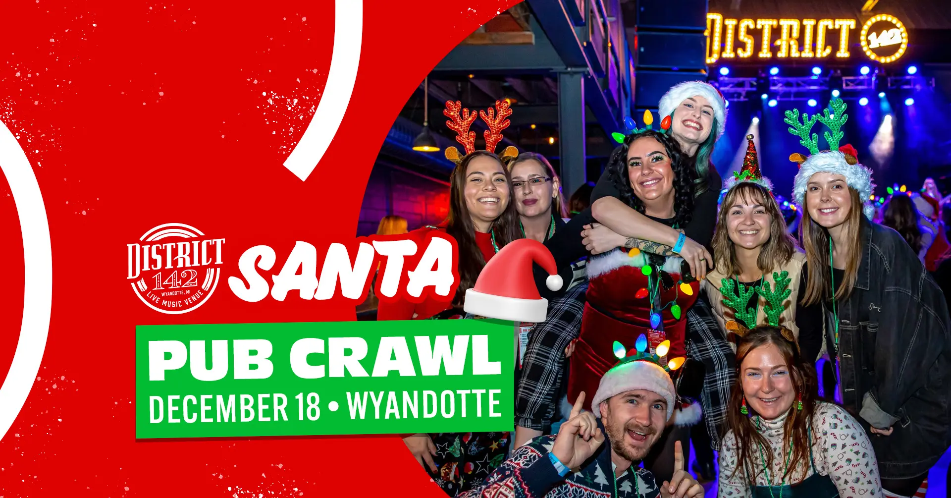 A group of people dressed in festive Santa and reindeer costumes and hats smile and pose for a photo at a lively pub crawl event. Next to them is text for the Santa Pub Crawl event on December 18.
