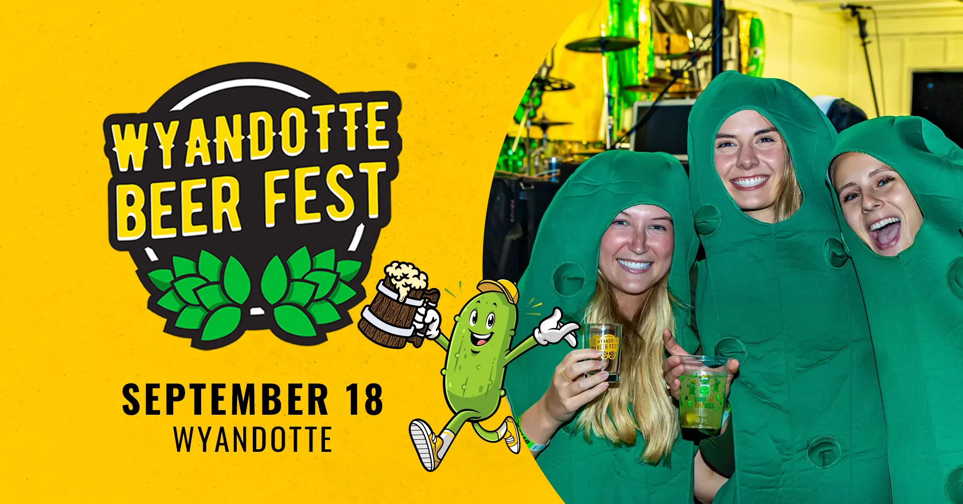 Three smiling women in bright green pickle costumes hold drinks next to the Wyandotte Beer Fest logo and cartoon pickle mascot; along with a September 18 date.