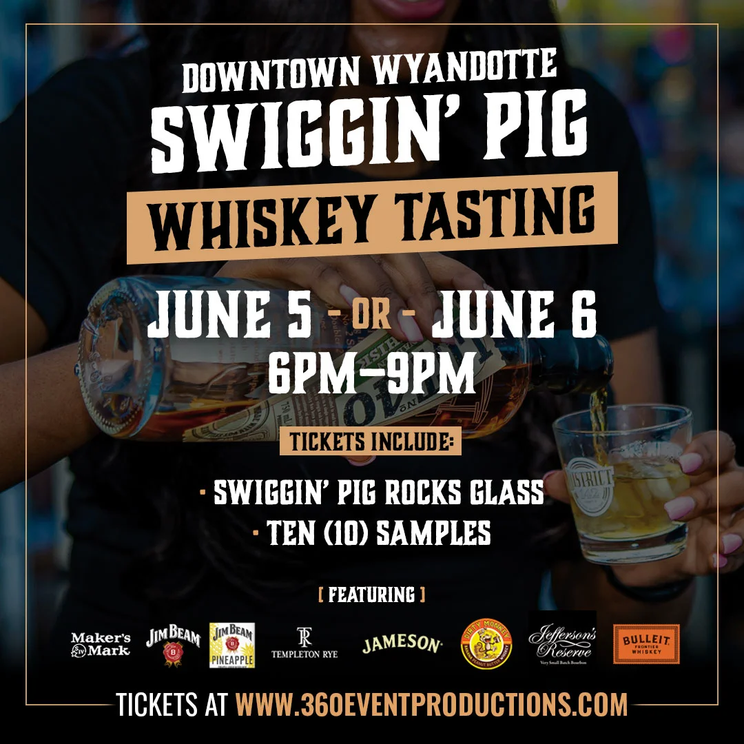 A person pours golden whiskey from a bottle into a glass, advertising the Swiggin' Pig Whiskey Tasting event.