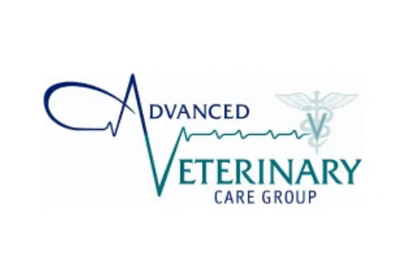 The logo for Advanced Veterinary Care Group features a blue and teal pulse line connecting the stylized capital 'A' and 'V' letters, with a medical Caduceus visible.