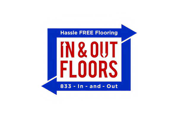 The logo for In & Out Floors features red text inside a blue box outline made of arrows, with the text 'Hassle FREE Flooring' above.