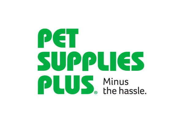 The logo for Pet Supplies Plus features the title in large, stylized green font, along with the tagline "Minus the hassle."