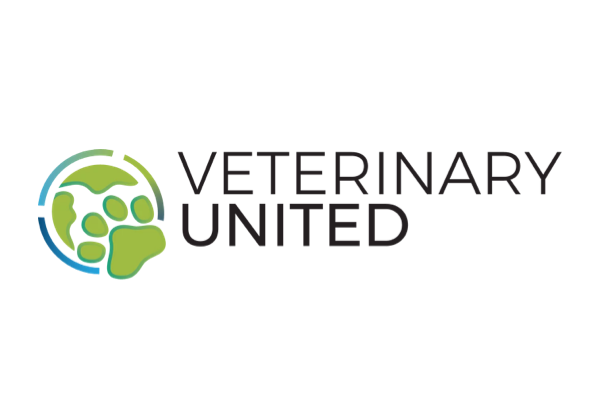 The Veterinary United logo features a light green paw print centered on a stylized globe graphic.