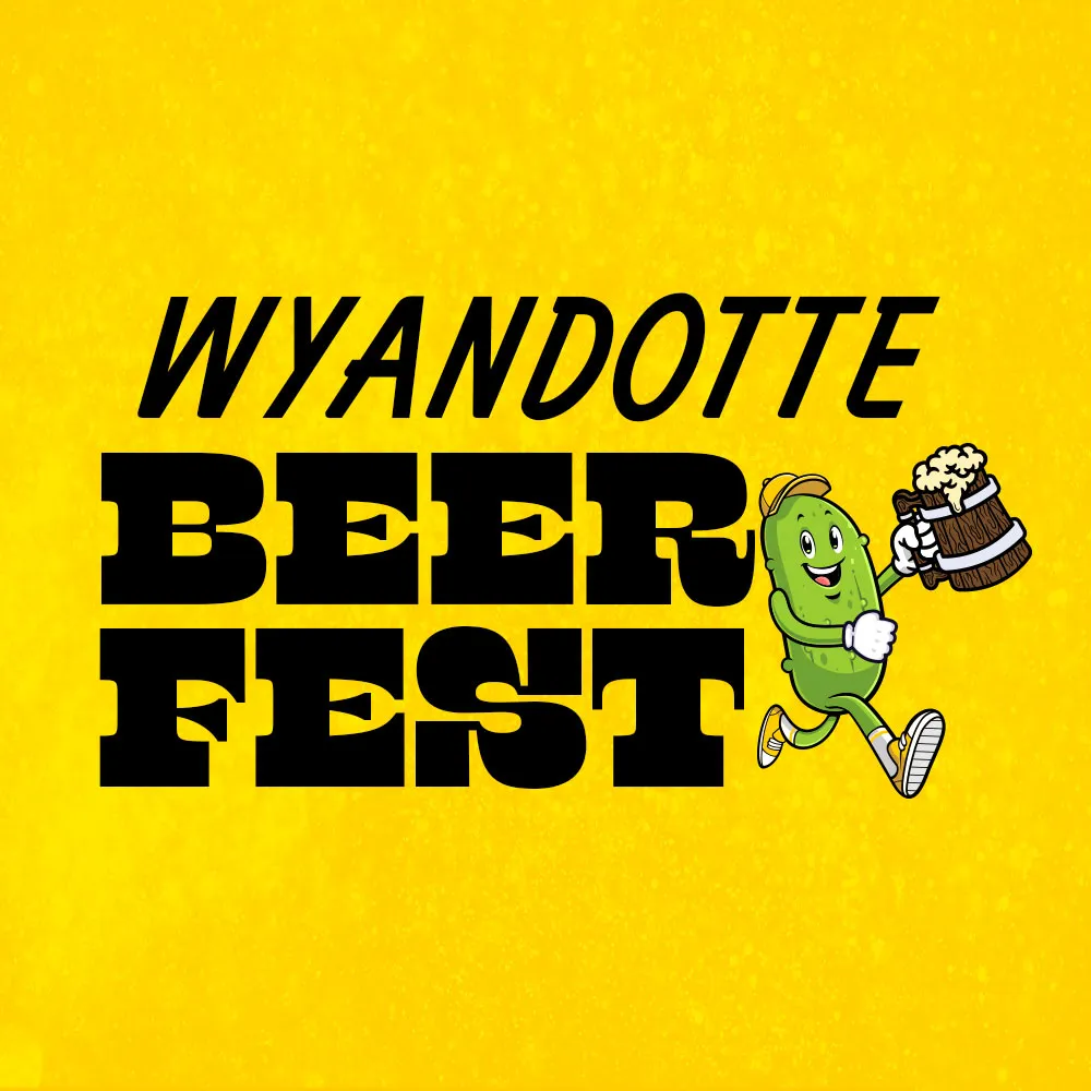 A bright yellow logo for the Wyandotte Beer Fest shows black text and a cartoon pickle mascot wearing a hat, running while holding up a wooden mug of foamy beer.