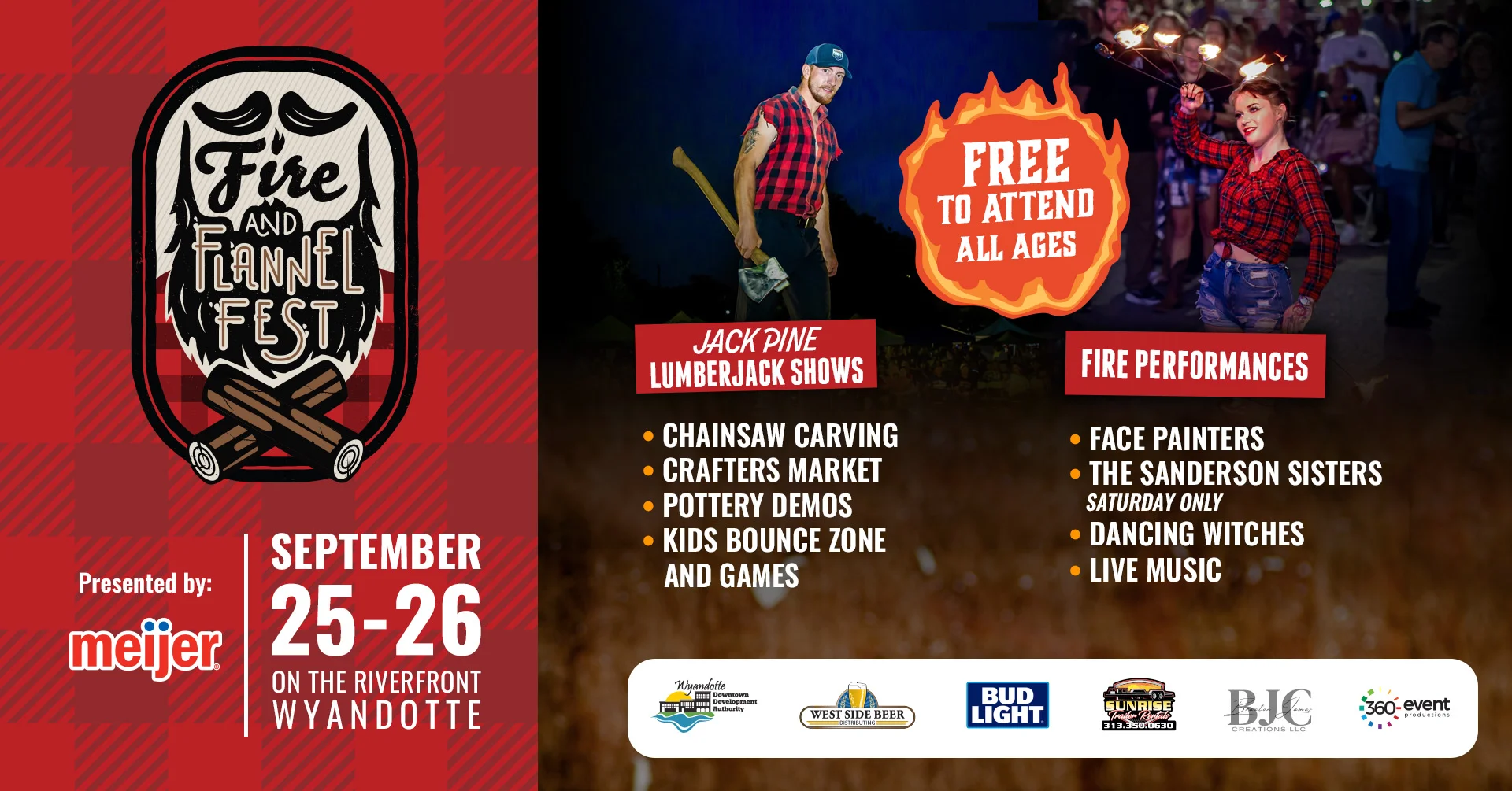 An advertisement for the Fire and Flannel Fest shows a muscular man with an axe and a woman performing with sparklers. The red and black flyer promotes the free, all-ages festival.