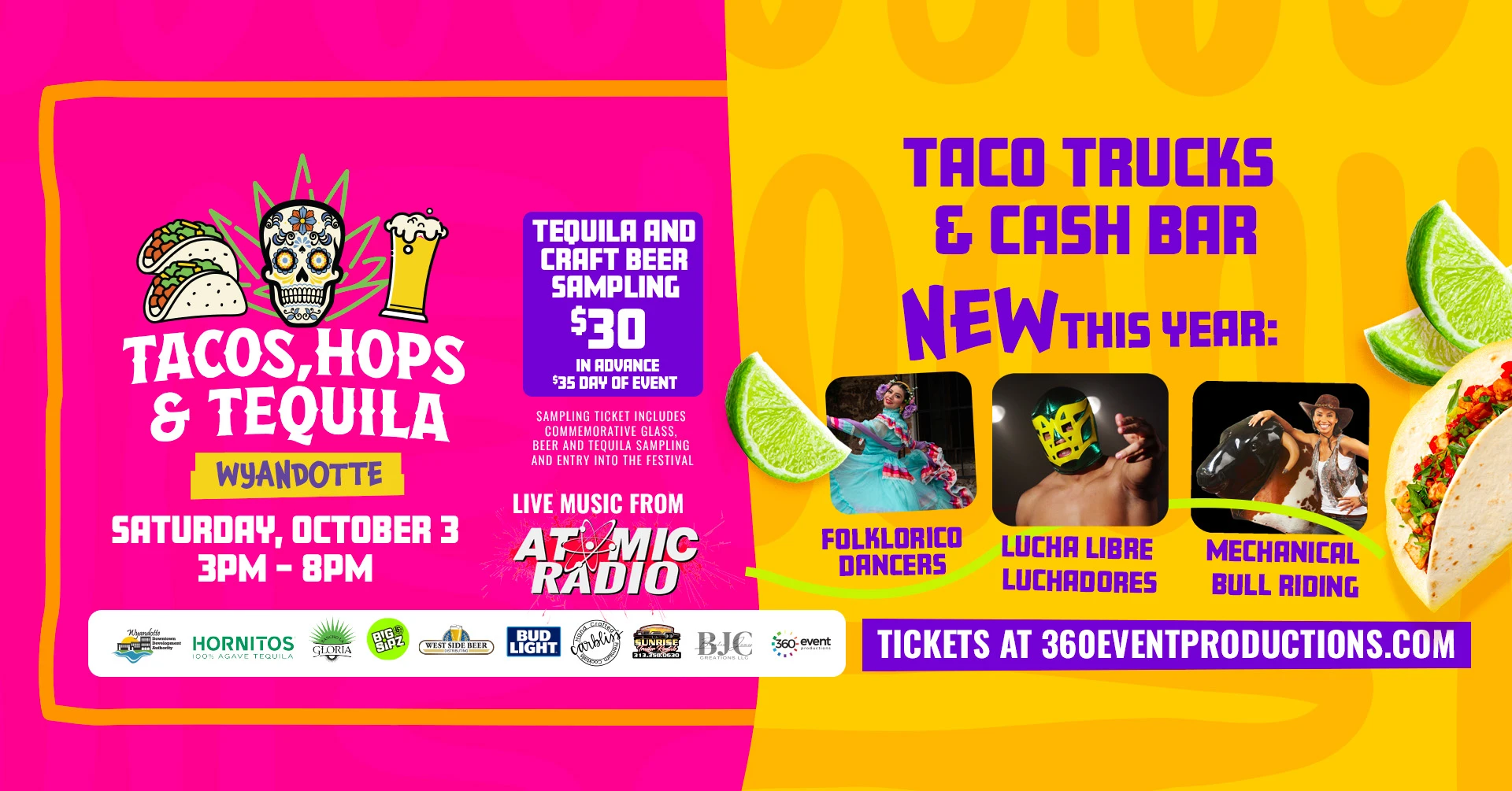 A bright event poster for "Tacos, Hops & Tequila" in Wyandotte, featuring sampling, food trucks, and live music. Activities include Lucha Libre, Folklorico Dancers, and mechanical bull riding.