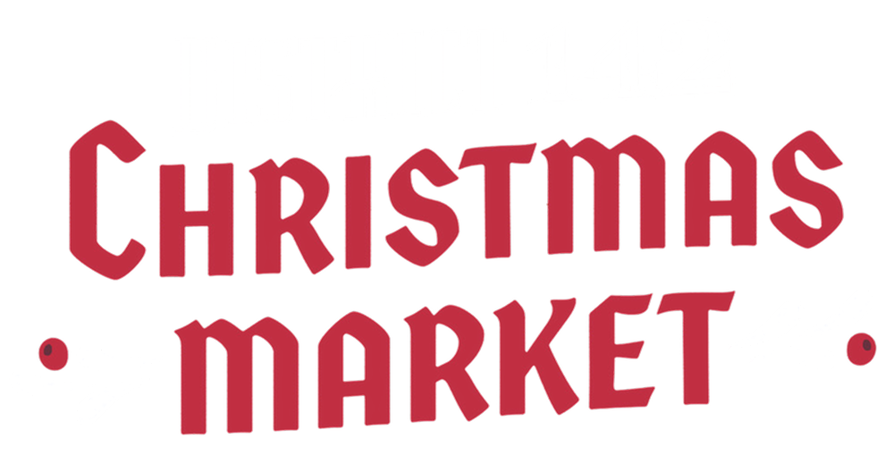 A logo for the "District 142 Christmas Market." The words "District 142" are white, and "Christmas Market" is red, both with decorative elements, on a black background.