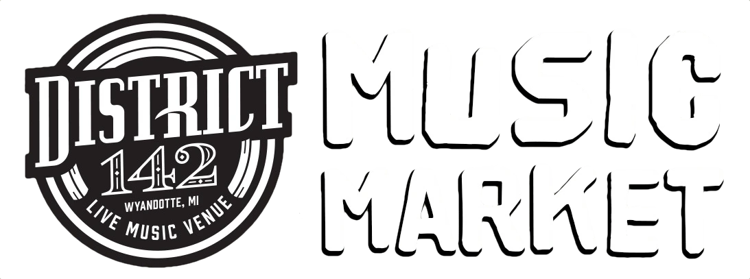 A black and white logo for District 142 Music Market, a live music venue in Wyandotte, MI.